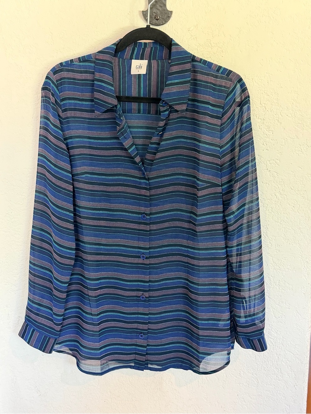 CAbi Alex Blouse 3330 Limited Edition Blue Purple Teal Stripe Button Down Small